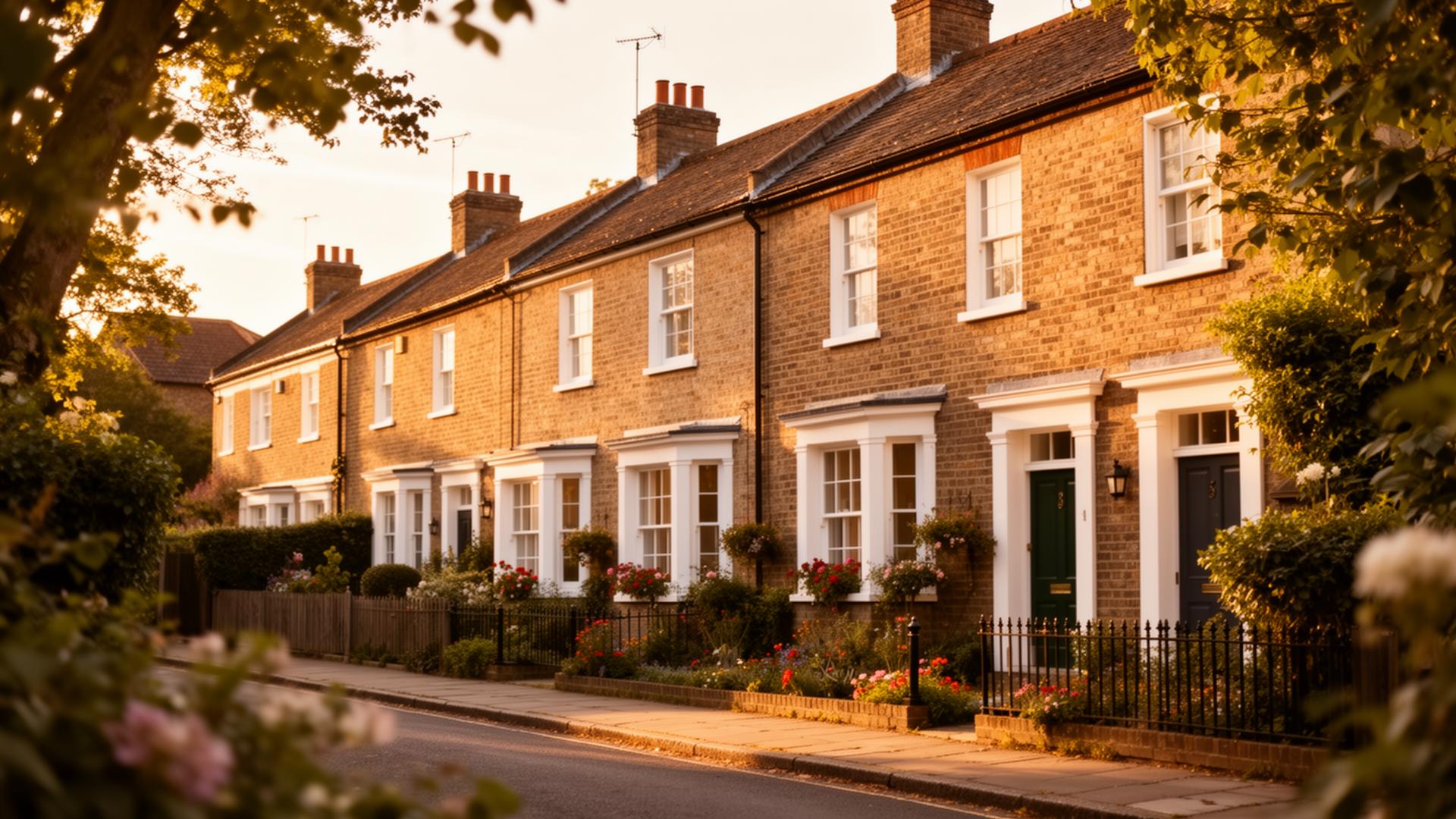 Charming British terraced houses on a sunny street